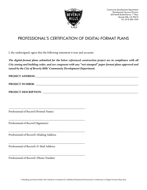 First page of the Professional’s Certification of Digital-Format Plans