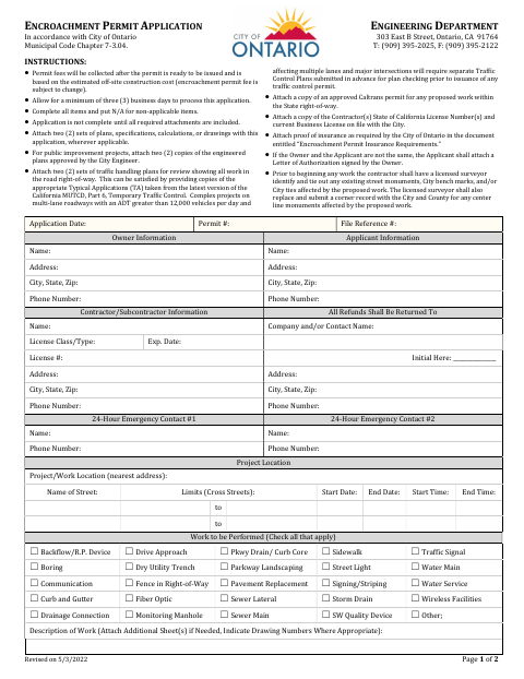 First page of the Encroachment Permit Application