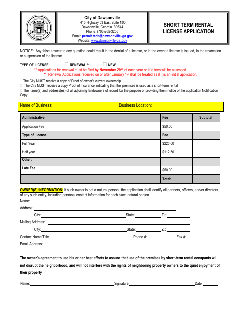 First page of the Short-Term Rental License Application