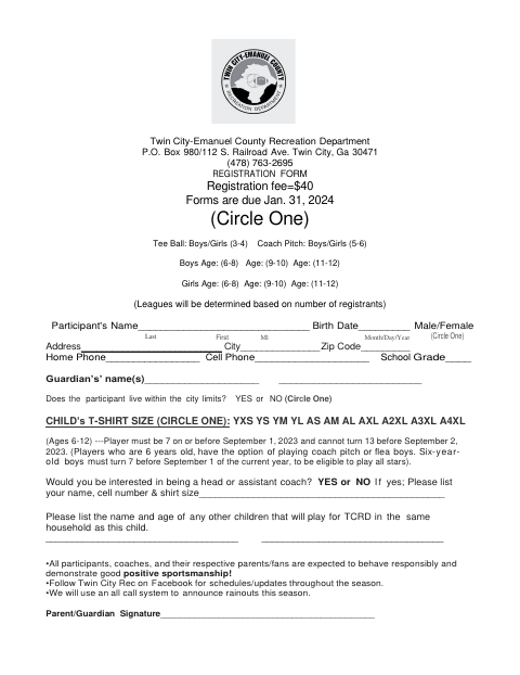 First page of the Baseball Registration Form