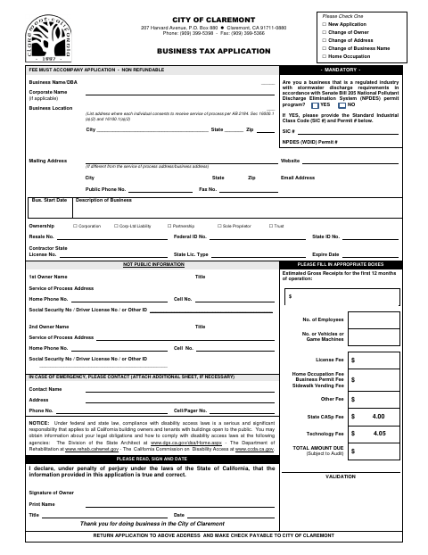 First page of the Business Tax Application