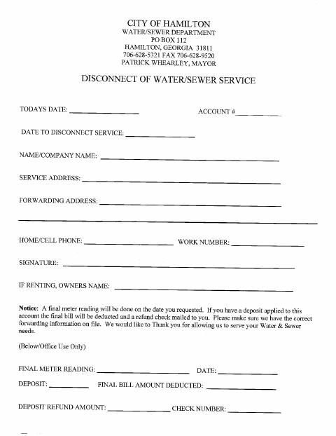 First page of the Disconnect Water/Sewer Service