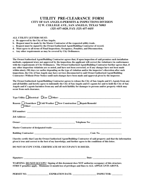 First page of the Utility Pre-Clearance Form