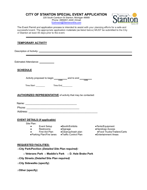 First page of the Special Event Application