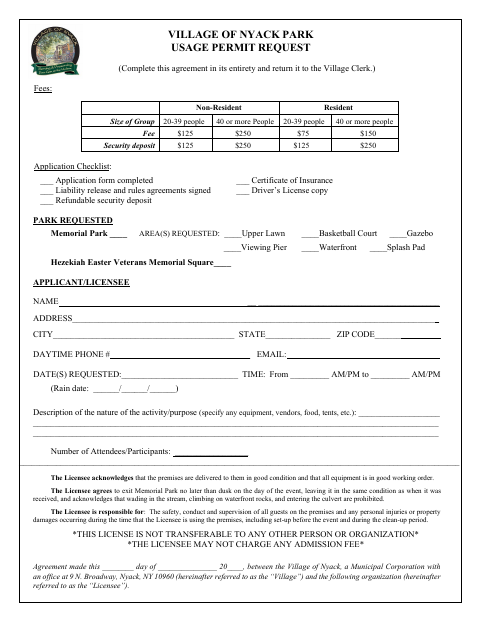 First page of the Park Usage Permit Request