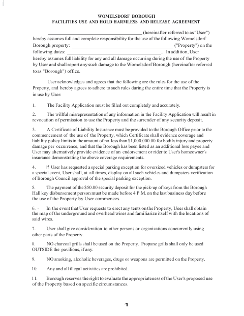 First page of the Facilities Use and Hold Harmless and Release Agreement