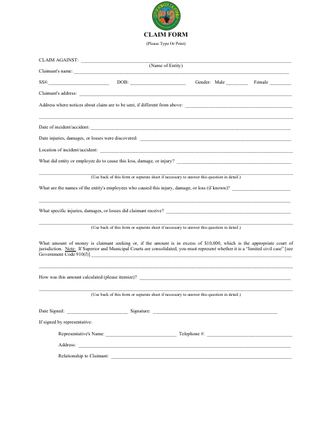 First page of the Claim Form