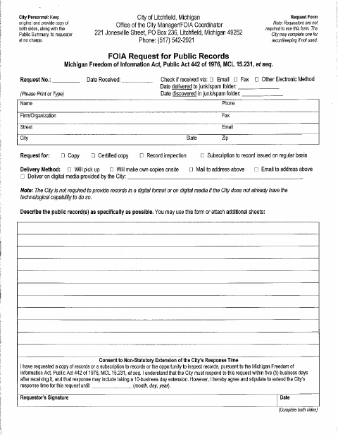 First page of the FOIA Request for Public Records