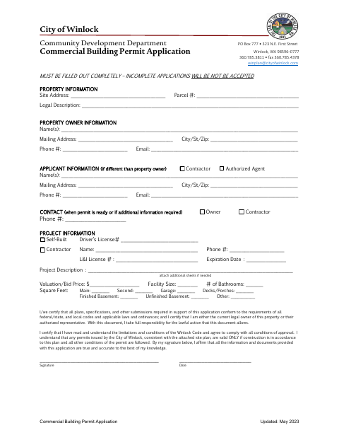 First page of the Commercial Building Permit Application