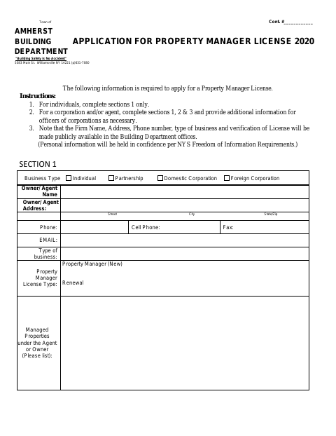 First page of the Property Manager License Application