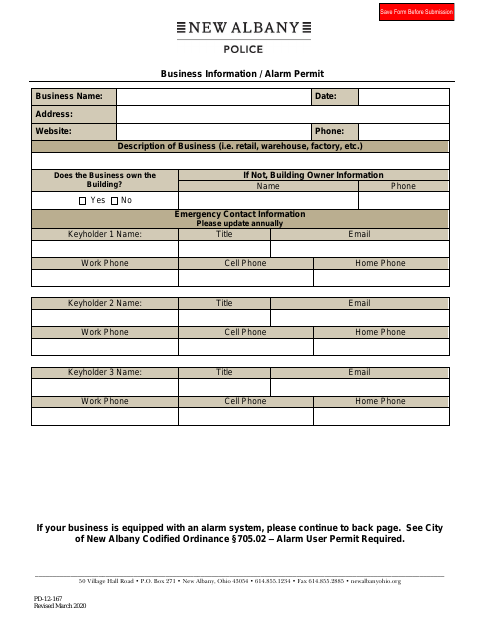 First page of the Business Alarm Permit