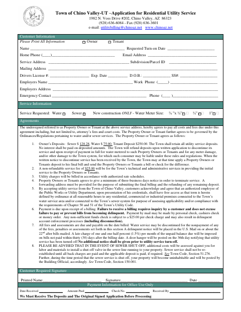 First page of the Application for Residential Utility Service