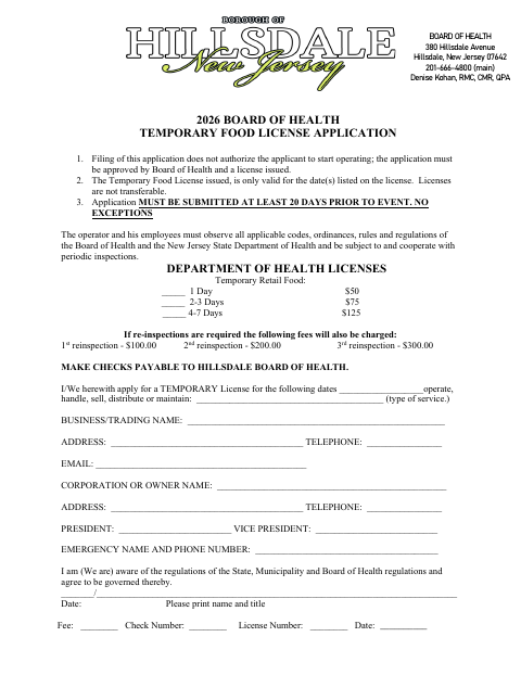 First page of the 2026 Board of Health Temporary Food License Application