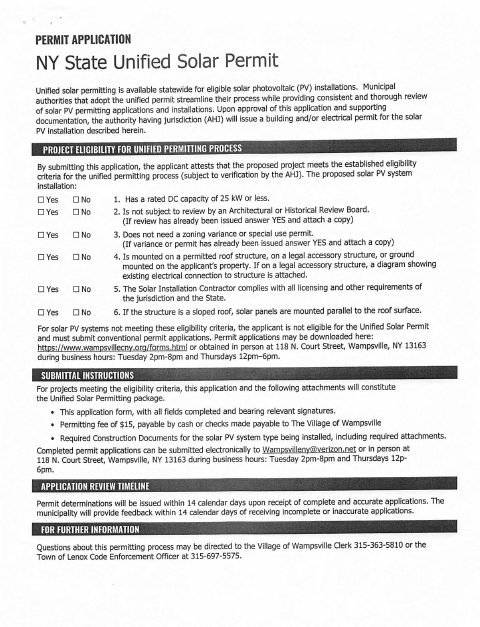 First page of the NY State Unified Solar Permit Application