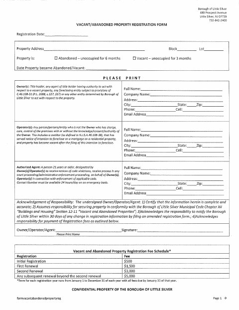 First page of the Vacant/Abandoned Property Registration Form
