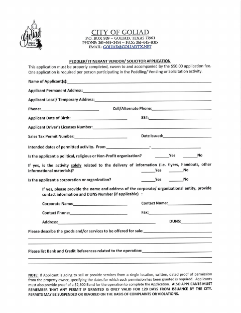 First page of the Peddler Itinerant Vendor Solicitor Application
