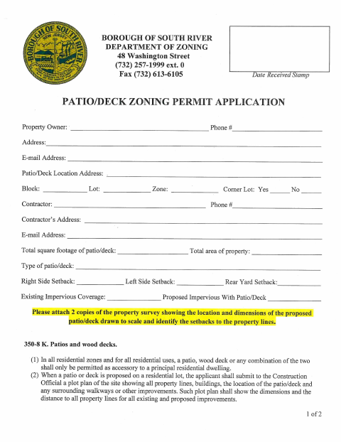 First page of the Patio/Deck Zoning Permit Application