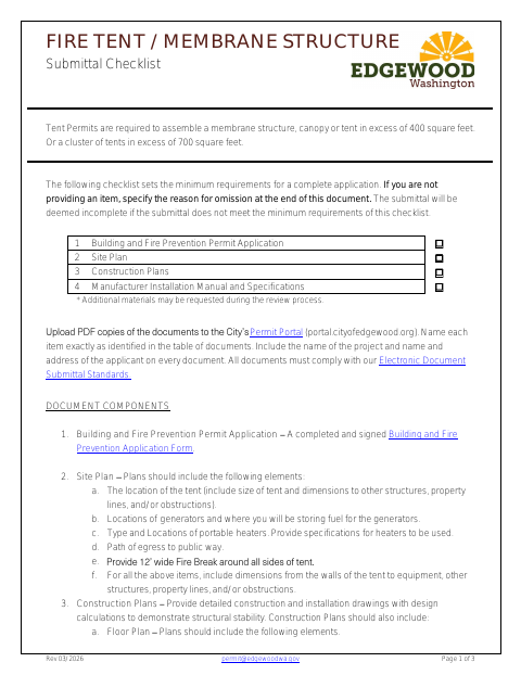 First page of the Fire Tent/Membrane Structure Submittal Checklist
