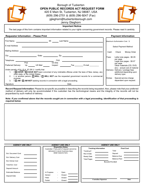 First page of the Open Public Records Act Request Form