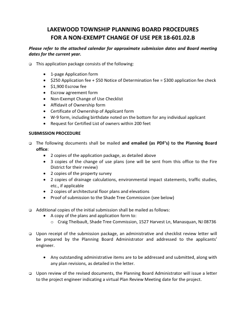 First page of the Non-Exempt Change of Use Application Package