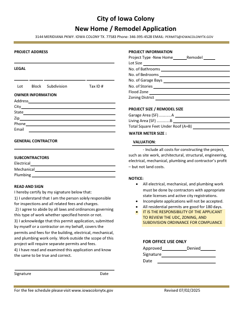First page of the New Home / Remodel Application
