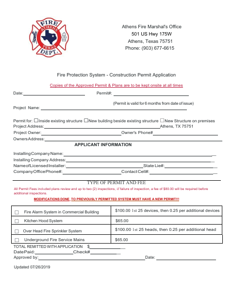 First page of the Fire Protection System Construction Permit Application