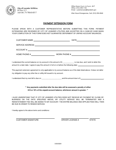 First page of the Payment Extension Form