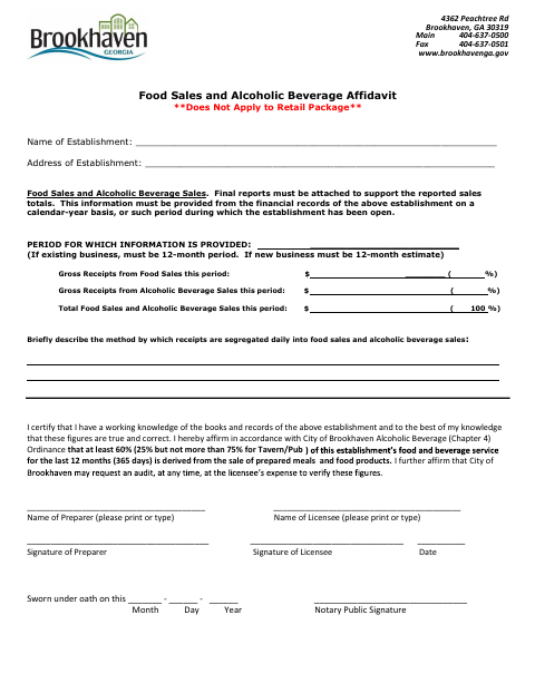 First page of the Food Sales and Alcoholic Beverage Affidavit