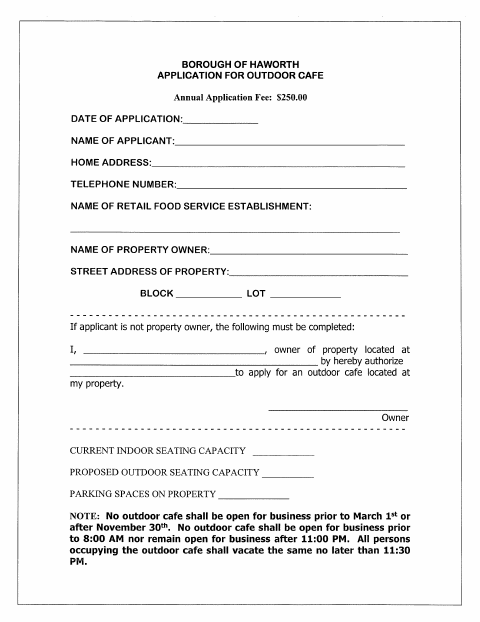 First page of the Outdoor Cafe Application