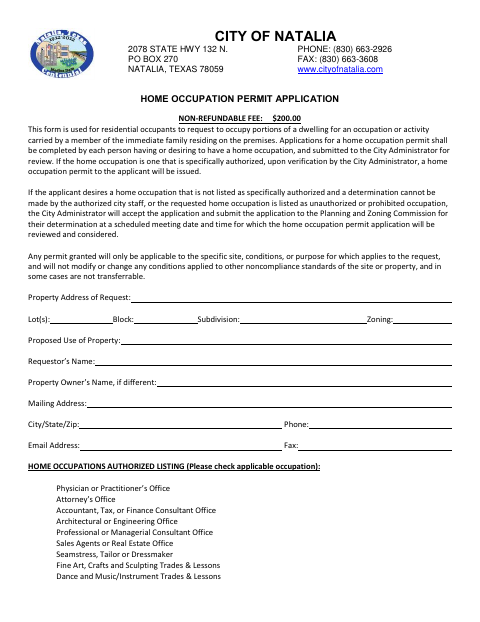 First page of the Home Occupation Permit Application
