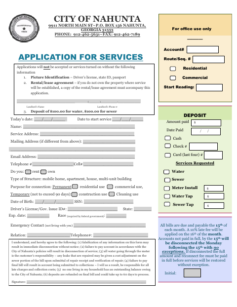 First page of the Application for Services
