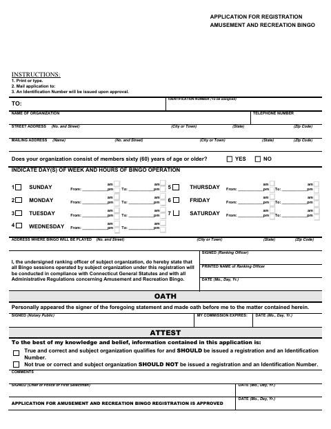 First page of the Amusement and Recreation Bingo Registration