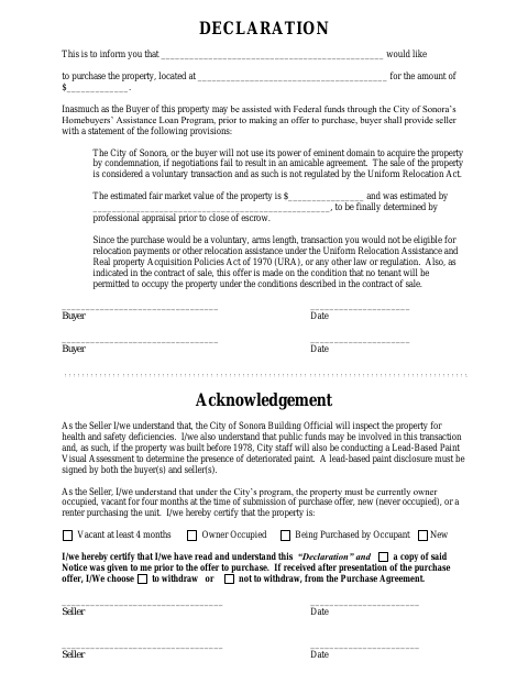 First page of the Homebuyers Assistance Loan Program Declaration and Acknowledgement