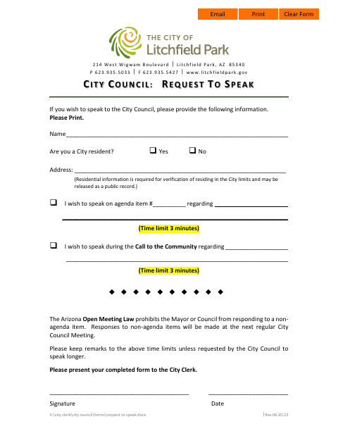 First page of the City Council Request to Speak