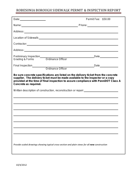 First page of the Sidewalk Permit & Inspection Report