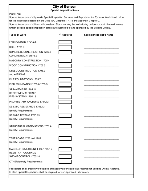 First page of the Special Inspection Items