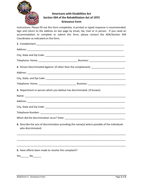 First page of the ADA/Section 504 Grievance Form