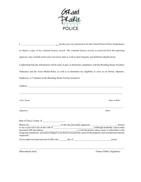 First page of the Criminal History Record Authorization