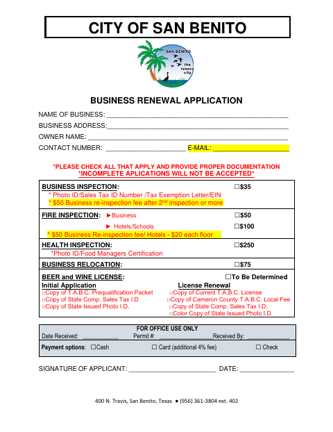 First page of the Business Renewal Application