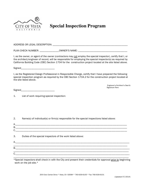 First page of the Special Inspection Program