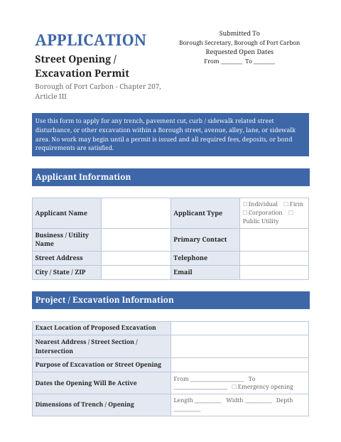 First page of the Street Opening / Excavation Permit Application