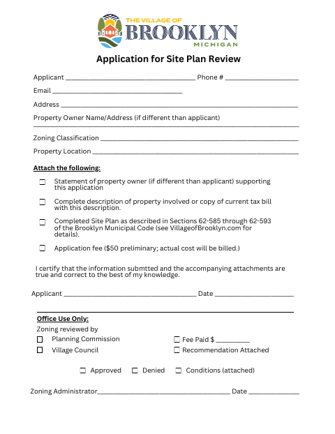 First page of the Application for Site Plan Review