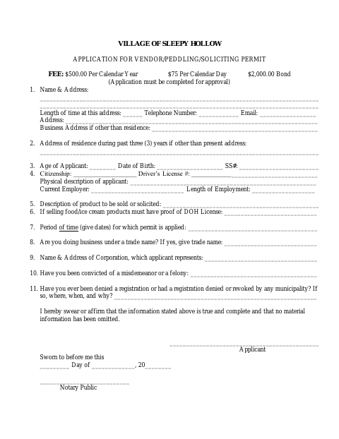 First page of the Vendor, Peddling, and Soliciting Permit Application