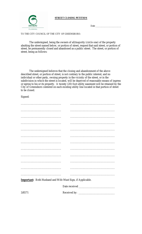 First page of the Street or Alley Closing Petition