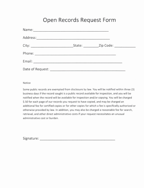 First page of the Open Records Request Form