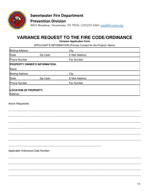 First page of the Fire Code Variance Application