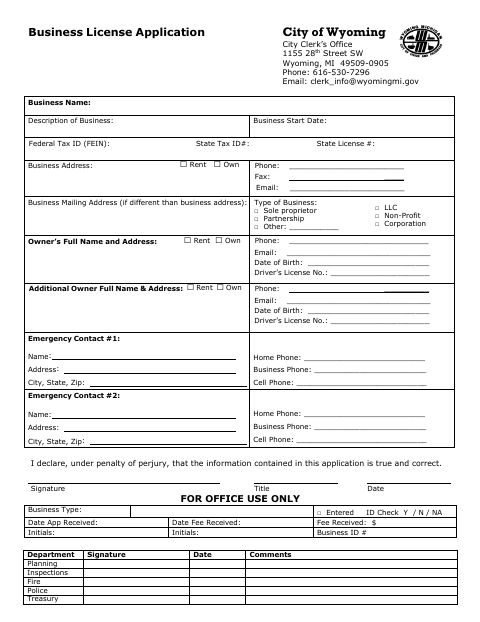 First page of the Business License Application