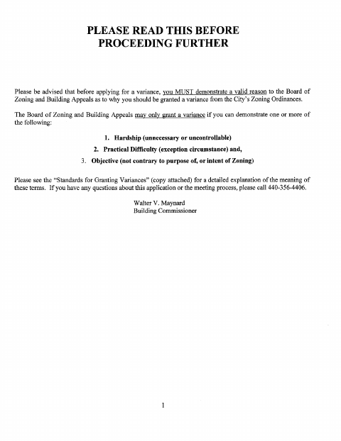 First page of the BZA Variance Application
