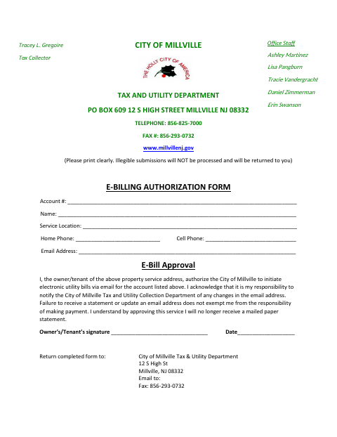 First page of the E-Billing Authorization Form