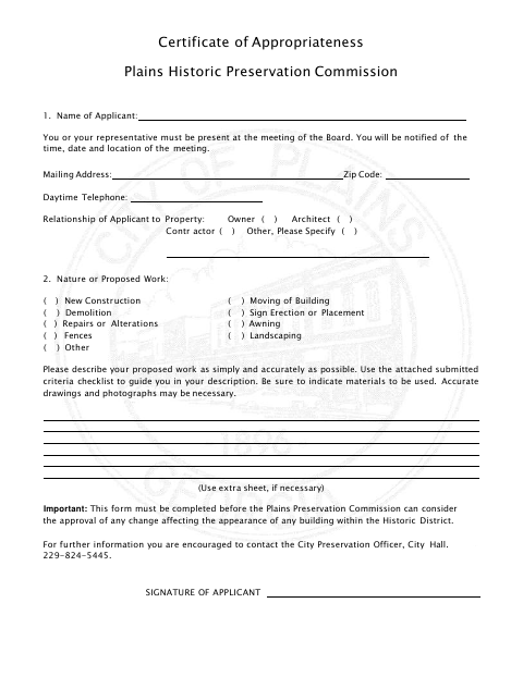 First page of the Certificate of Appropriateness